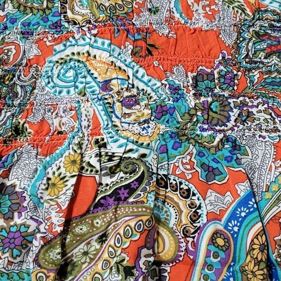 🔺️Adiktd Cream Lace & Multicolored Paisley Cap Sleeve Boho Top Large - Picture 7 of 9